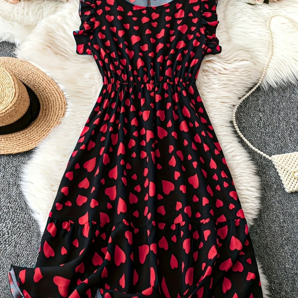 Chic Black Dress with Red Heart Pattern